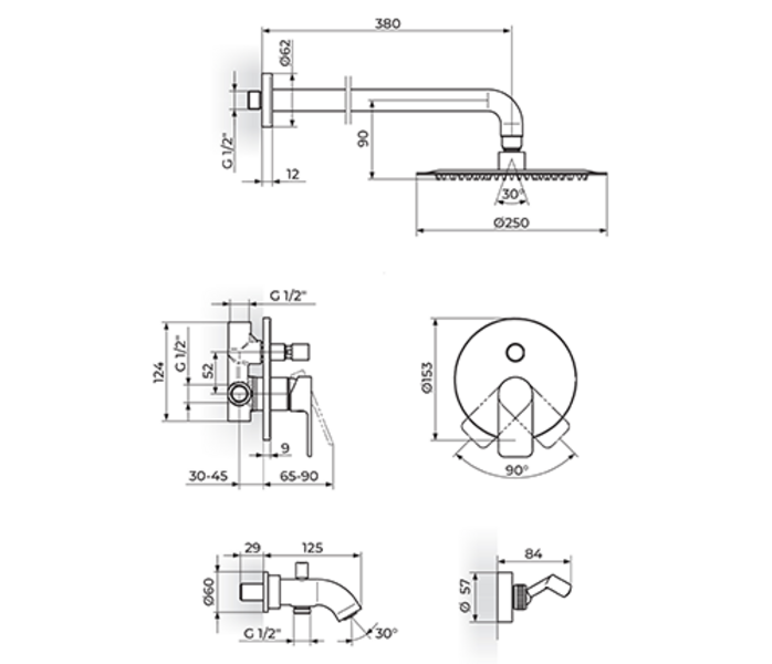 Uzidna baterija za tuš kadu sa izlivom, zidnim tušem 250mm i ručnim tušem 231701G - Slika 2
