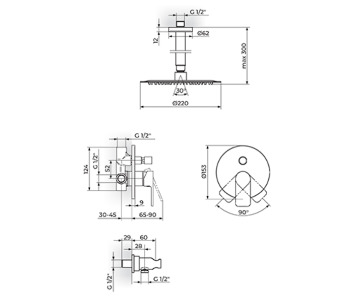 Uzidna baterija za tuš kadu sa plafonskim tušem 250mm i ručnim tušem 231603G - Slika 2