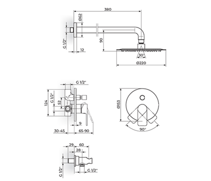 Uzidna baterija za tuš kadu sa zidnim tušem 250mm i ručnim tušem 231601G - Slika 2