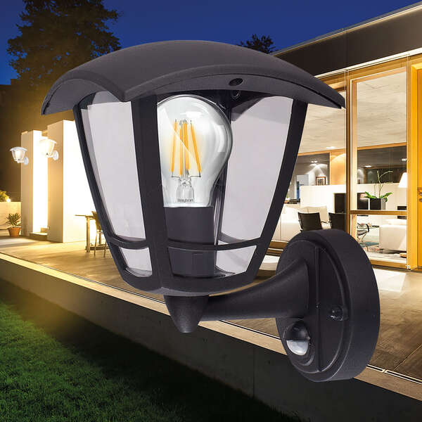 Zidna baštenska svetiljka sa senzorom, crna E27-IP44 - Slika 2